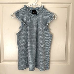 NWT! Blue and white top, with ruffle neck.